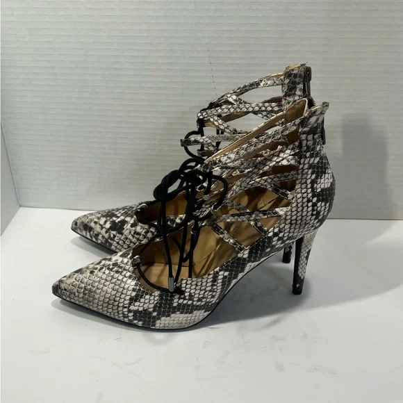 Material Girl Black and White Snakeskin Heels - Picture 3 of 7